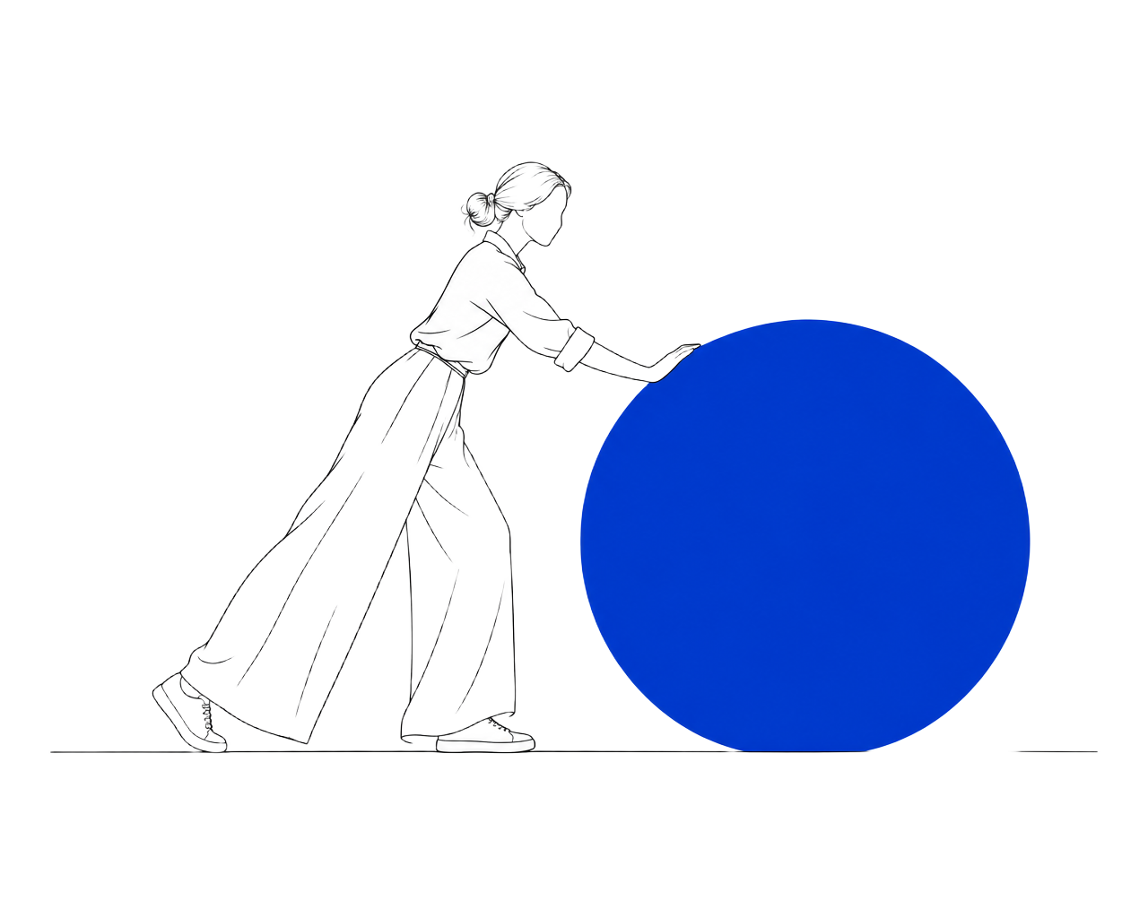 Ilustração em linha de uma engenheira conduzindo uma esfera azul